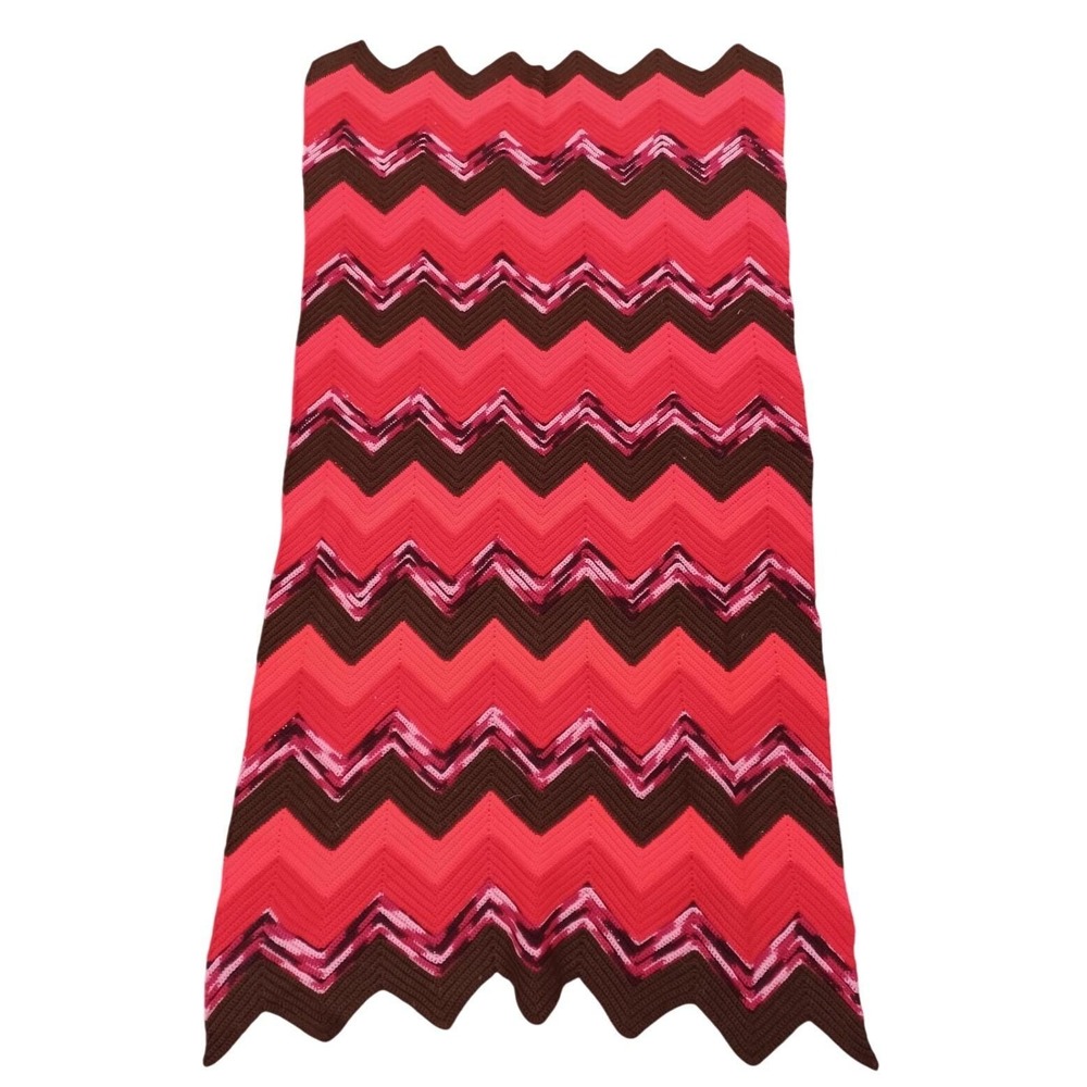 Handmade Crochet‎ Blanket Throw Zig Zag Chevron Red Pink Brown 38x76